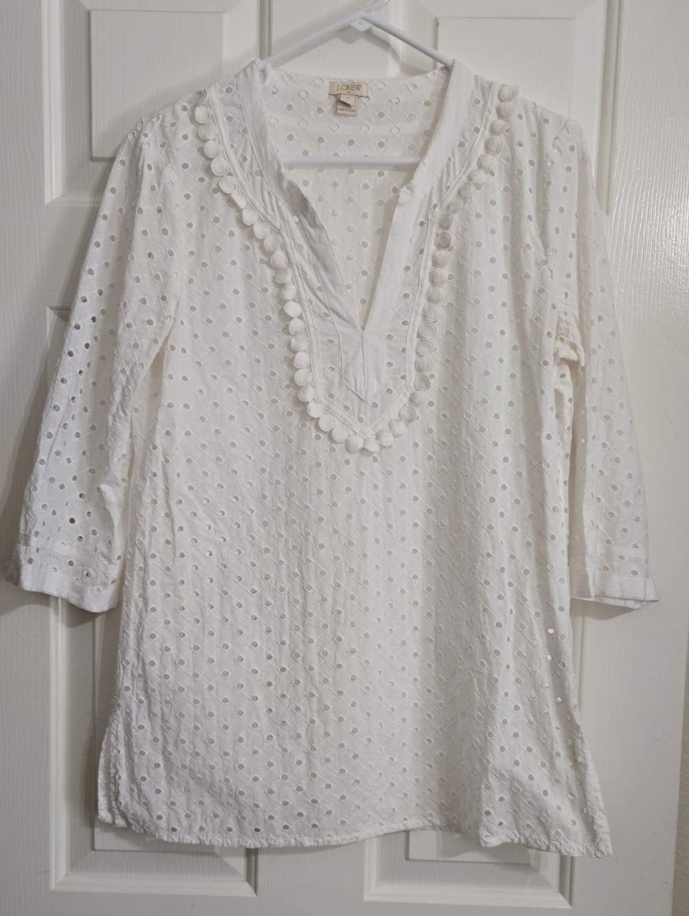 J. Crew White Eyelet V-Neck Tunic with Pom-Pom Trim